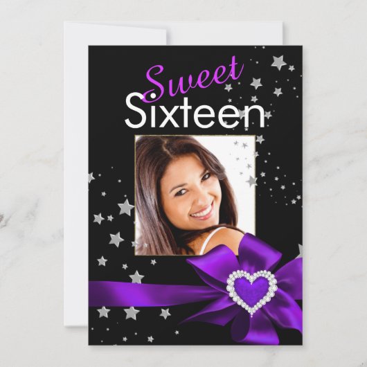 紫色の甘い16誕生日パーティーハートフォトスター 招待状 (正面)