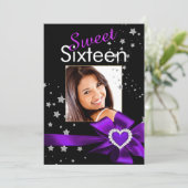 紫色の甘い16誕生日パーティーハートフォトスター 招待状 (スタンド正面)