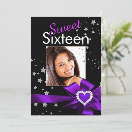 紫色の甘い16誕生日パーティーハートフォトスター 招待状 (スタンド正面)