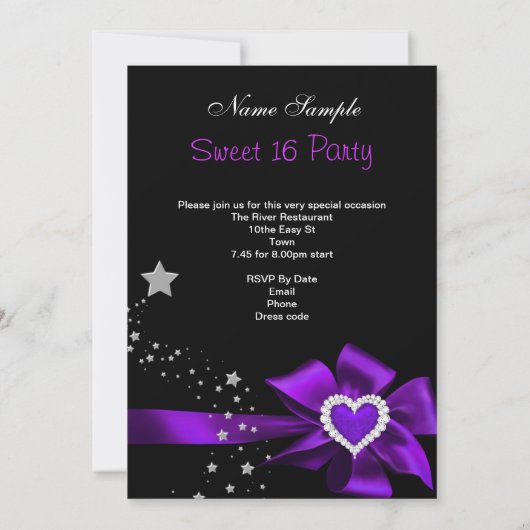 紫色の甘い16誕生日パーティーハートフォトスター 招待状 (裏面)