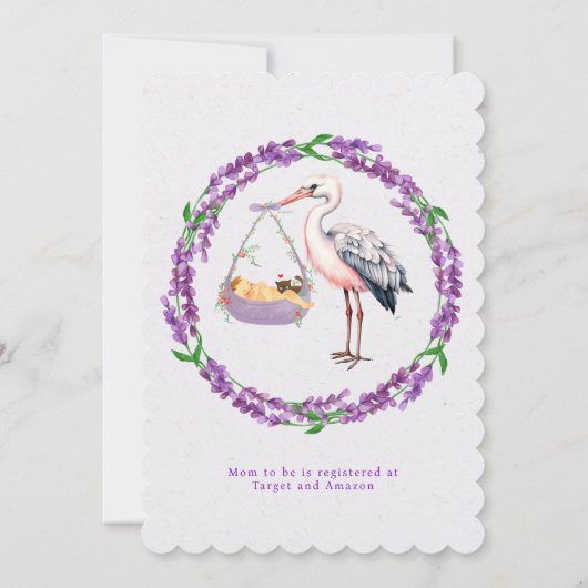 紫色の白いコウノトリの女の子の赤ちゃんシャワー 招待状 (裏面)