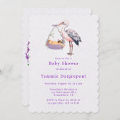 紫色の白いコウノトリの女の子の赤ちゃんシャワー 招待状 (正面/裏面)