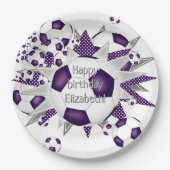 紫色の白いサッカーボールが星の誕生日 ペーパープレート (正面)
