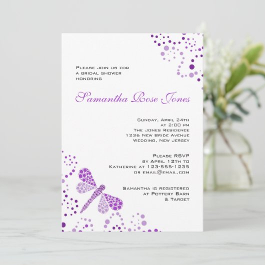 紫色の白いトンボの点描のブライダルシャワー 招待状 (スタンド正面)