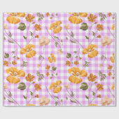 紫色の白いバッファローチェック&黄色の花 ラッピングペーパー (フラット)