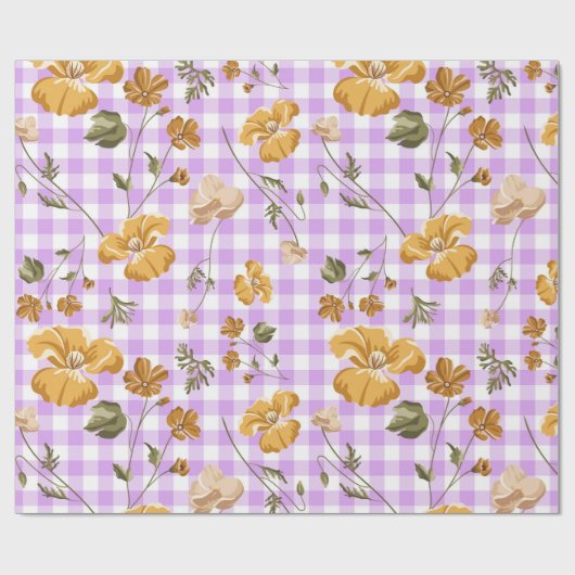 紫色の白いバッファローチェック&黄色の花 ラッピングペーパー (フラット)