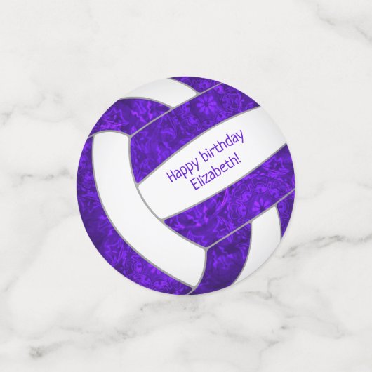 紫色の白いバレーボールの女の子の誕生日パーソナライズされた コンフェッティ (スモール正面)