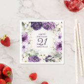 紫色の白いフローラハッピーバースデー名の年齢 スタンダードカクテルナプキン (インサイチュ)