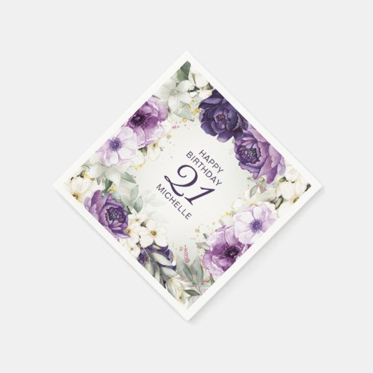 紫色の白いフローラハッピーバースデー名の年齢 スタンダードカクテルナプキン (角)