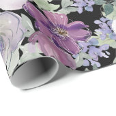 紫色の白いフローラバラ黒の背景 ラッピングペーパー (ロールコーナー)