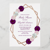紫色の白いフローラ幾何学的ベビーシャワー 箔招待状 (正面)