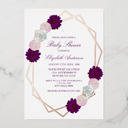 紫色の白いフローラ幾何学的ベビーシャワー 箔招待状 (正面)
