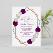 紫色の白いフローラ幾何学的ベビーシャワー 箔招待状 (立ち正面)