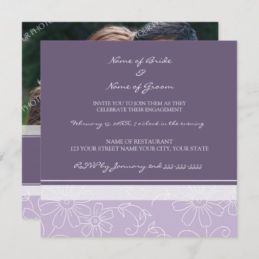 紫色の白い写真の婚約パーティの招待状 招待状 (正面/裏面)