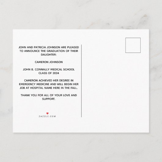 紫色の白い医学校写真卒業 案内ポストカード (裏面)