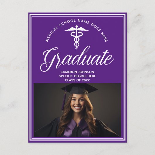 紫色の白い医学校写真卒業 案内ポストカード (正面)