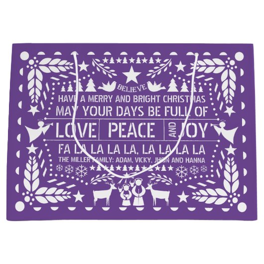 紫色の白い愛の平和の喜びパペルピカドクリスマス ラージペーパーバッグ (正面)