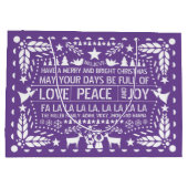 紫色の白い愛の平和の喜びパペルピカドクリスマス ラージペーパーバッグ (裏面)