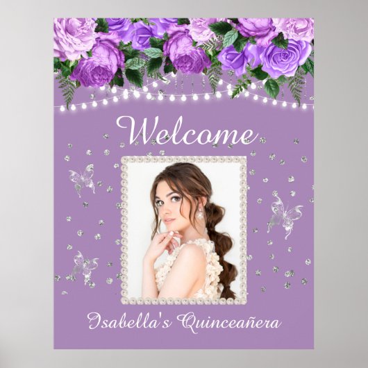 紫色の白い真珠キンセアニラ写真ようこそ名前 ポスター (正面)