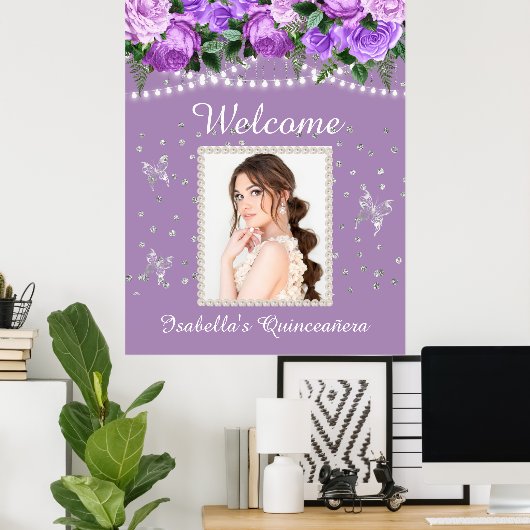 紫色の白い真珠キンセアニラ写真ようこそ名前 ポスター (ホームオフィス)