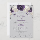紫色の白い花の植物灰色結婚の 招待状 (正面)