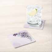 紫色の白い花の緑の正方形の紙コースター スクエアペーパーコースター (インサイチュ)