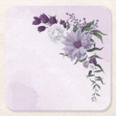 紫色の白い花の緑の正方形の紙コースター スクエアペーパーコースター (正面)