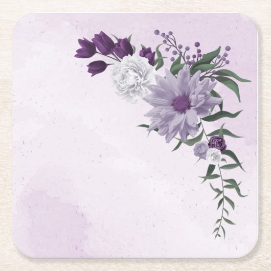 紫色の白い花の緑の正方形の紙コースター スクエアペーパーコースター (正面)
