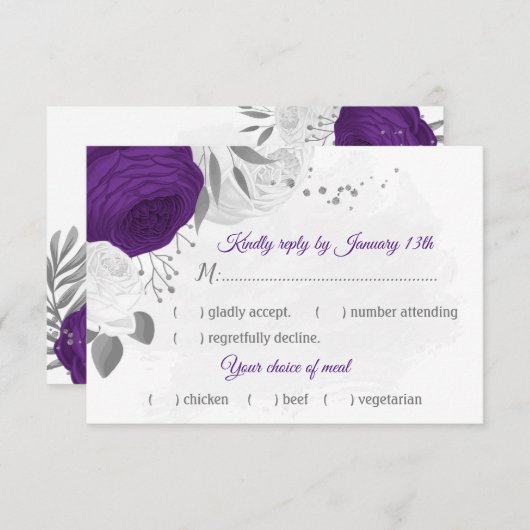 紫色の白い花の銀植物性植物性食品の選択 出欠カード (正面/裏面)