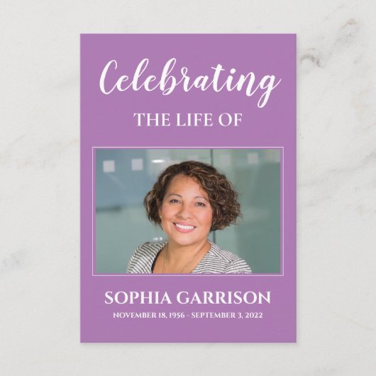 紫色の白い葬儀祈りの言葉カードと写真 エンクロージャーカード (正面)