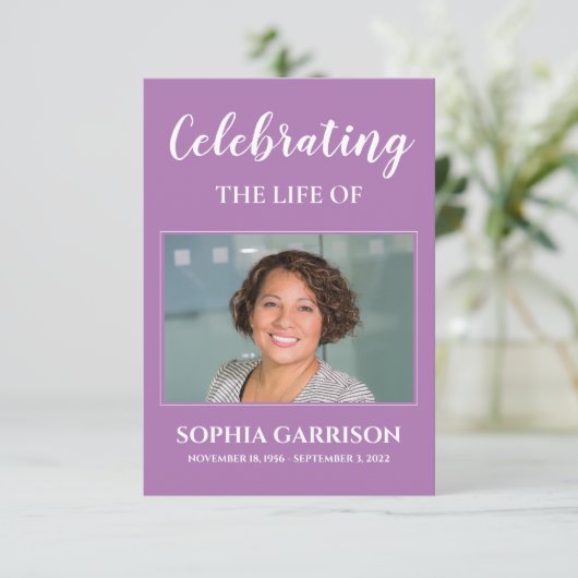 紫色の白い葬儀祈りの言葉カードと写真 エンクロージャーカード (スタンド正面)