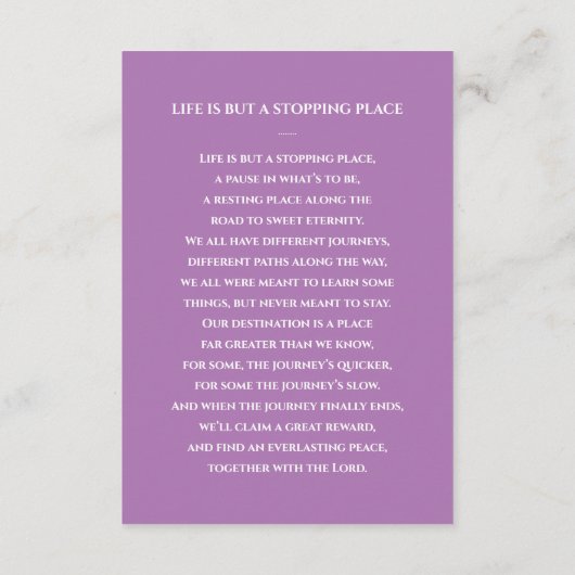 紫色の白い葬儀祈りの言葉カードと写真 エンクロージャーカード (裏面)