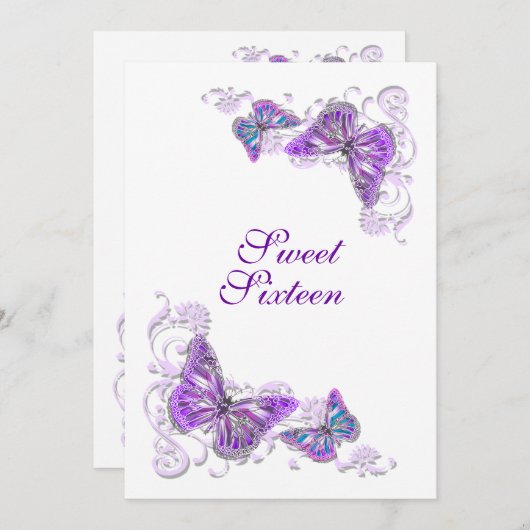 紫色の白い誕生日婚約結婚ズ 招待状 (正面/裏面)