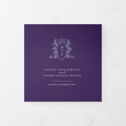 紫色の白い銀色のフォトクラウンモノグラム結婚の 三つ折りプログラム (カバー)