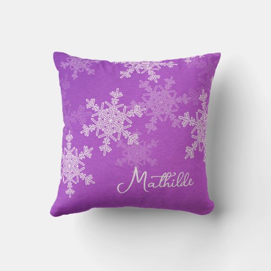 紫色の白い雪のミニマリストのクリスマス名 クッション (裏面)