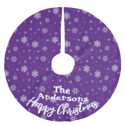 紫色の白い雪の結晶ビンテージクリスマス ブラッシュドポリエステルツリースカート (正面)