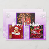 紫色の白い雪片ファミリー写真クリスマス 招待状 (正面/裏面)