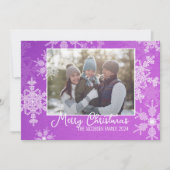 紫色の白い雪片ミニマリストのクリスマスフォト シーズンカード (正面)