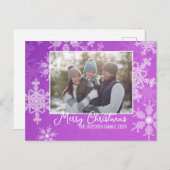 紫色の白い雪片ミニマリストのクリスマスフォト シーズンポストカード (正面/裏面)