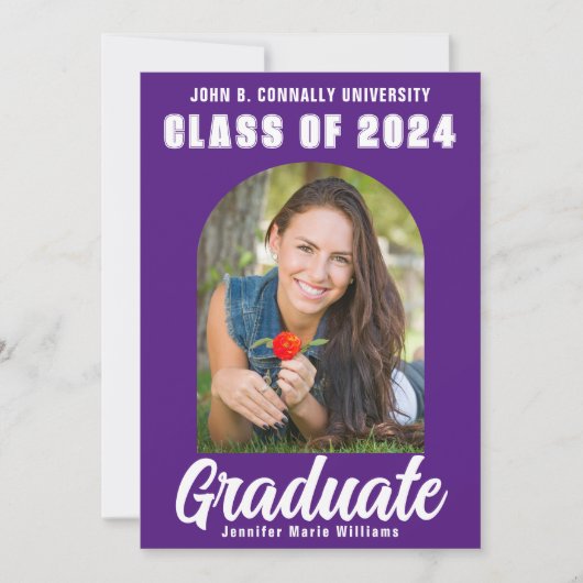 紫色の白の卒業写真のモダンはっきりした卒業 案内状 (正面)