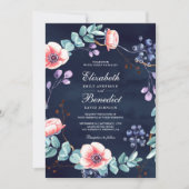 紫色の白アネモネユーカリプトゥスネイビーブルー結婚ズ 招待状 (正面)