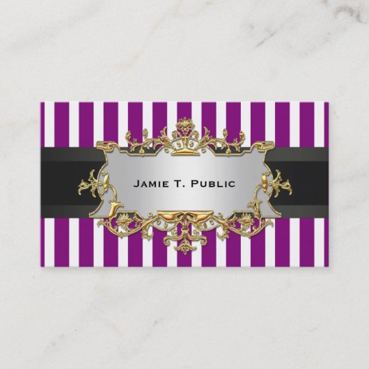紫色の白ストライプいリボン、黒いリボン、金ゴールドラベル 名刺 (正面)
