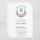 紫色の白フローラ結婚クレスト 招待状 (正面/裏面)