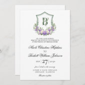 紫色の白フローラ結婚クレスト 招待状 (正面/裏面)
