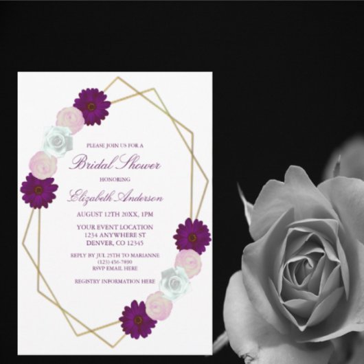 紫色の白色フローラ幾何学的ブライダルシャワー 招待状