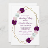 紫色の白色フローラ幾何学的誕生日 招待状 (正面/裏面)