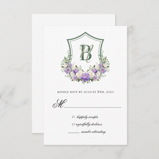 紫色の白色フローラ結婚クレストの応答カード 出欠カード (正面/裏面)