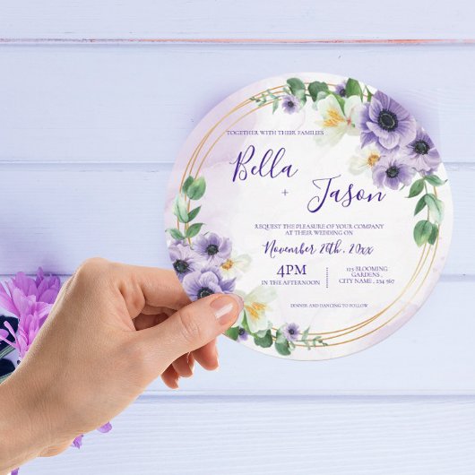 紫色の白色フローラ金ゴールドフレーム結婚式招待状