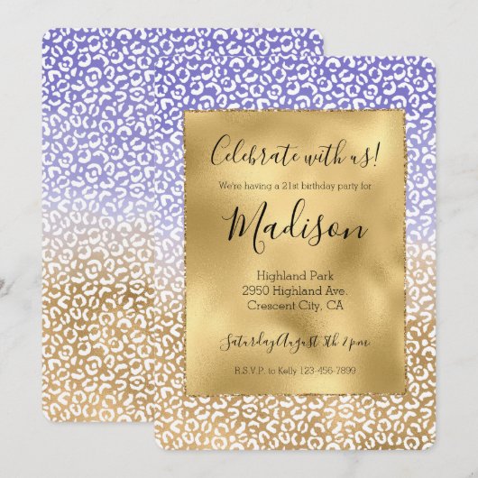 紫色の白金ゴールドグラデーションヒョウ印刷 招待状 (正面/裏面)