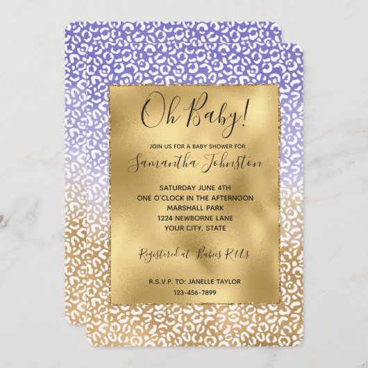 紫色の白金ゴールドグラデーションヒョウ印刷 招待状 (正面/裏面)